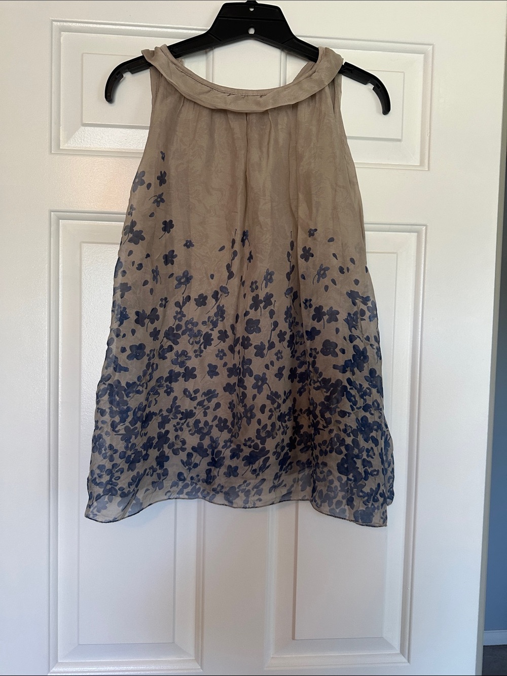 Taupe and light navy silk top. Reversible front and back. Gorgeous!